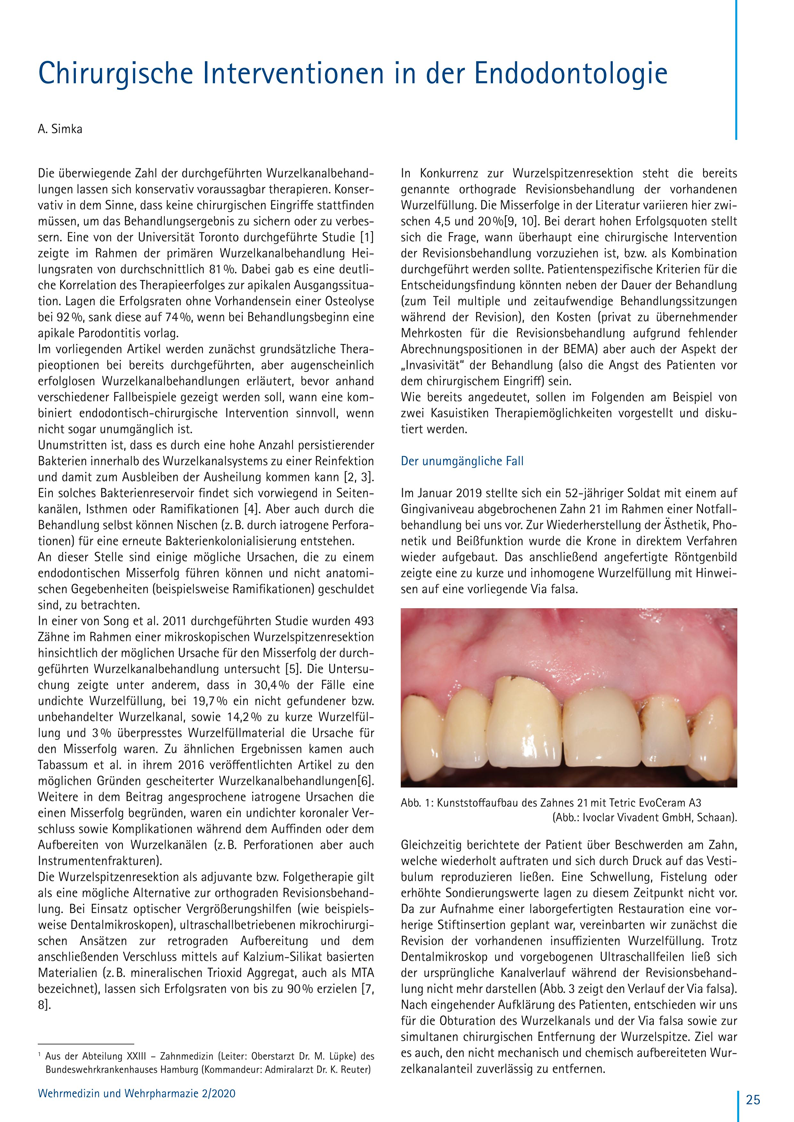 Fachbeitrag von Dr. Andreas Simka: Chirurgische Interventionen in der Endodontologie, Wehrmedizin und Wehrpharmazie 2/2020 | 2020