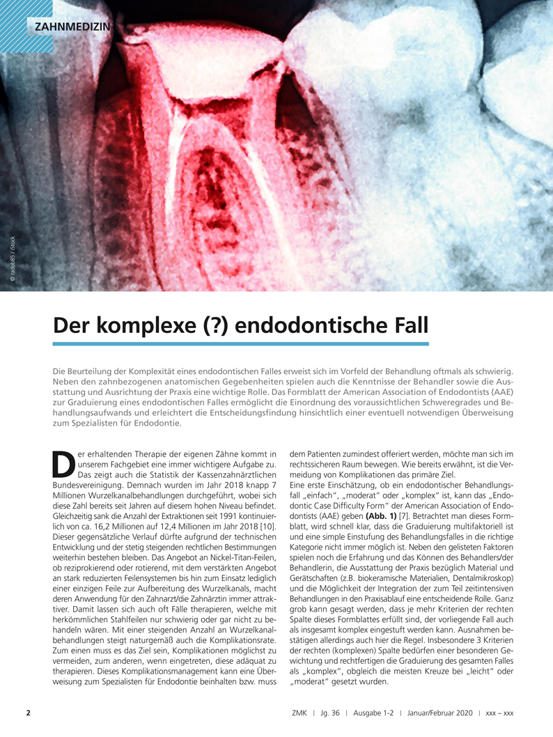 Fachbeitrag von Dr. Andreas Simka: Der komplexe (?) endodontische Fall, ZMK, Jg. 35, Ausgabe 1-2, Januar/Februar 2020